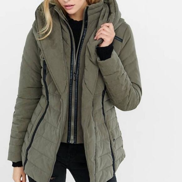 Express fur trim hooded Parka puffer green down filled warm coat jacket small - Picture 1 of 14